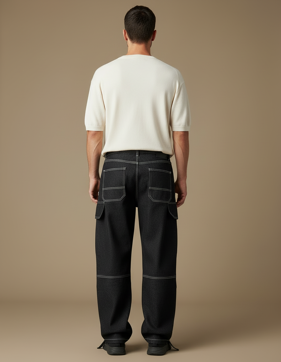 Pantalon Cargo Noir Denim Ample Coutures Blanches Homme - Jean - vue 2