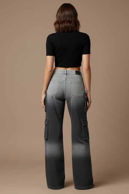 Pantalon Cargo Dégradé Gris Ample Multipoches Femme - Jean - vue 2