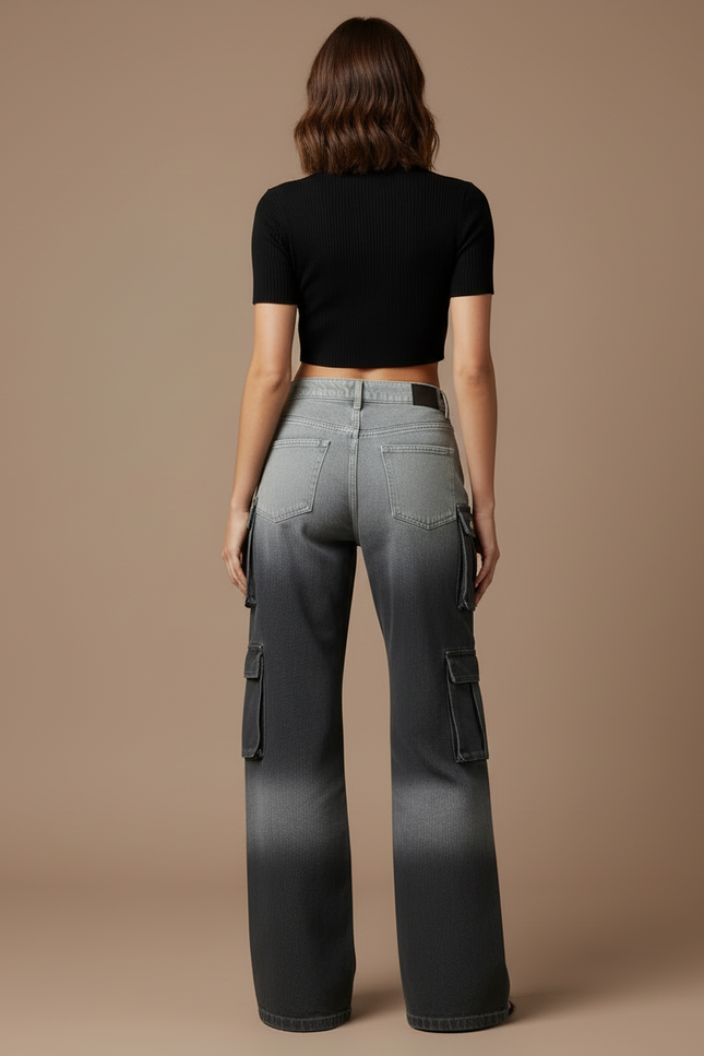 Pantalon Cargo Dégradé Gris Ample Multipoches Femme - Jean - vue 2