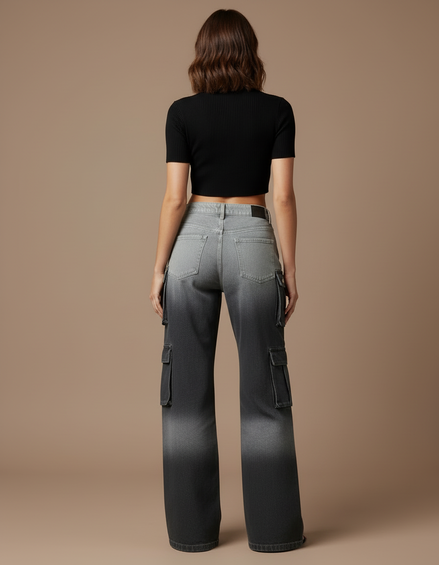 Pantalon Cargo Dégradé Gris Ample Multipoches Femme - Jean - vue 2