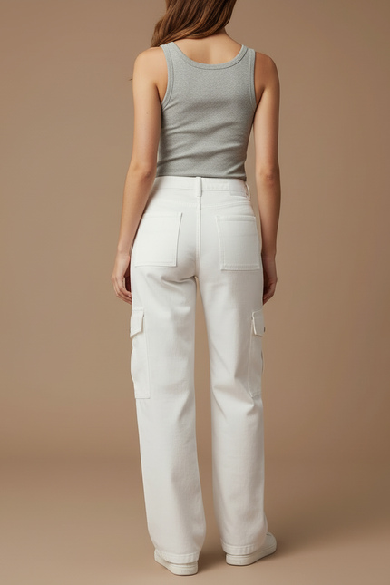 Pantalon Cargo Blanc Ample Multipoches Décontracté Femme - Toile - vue 2