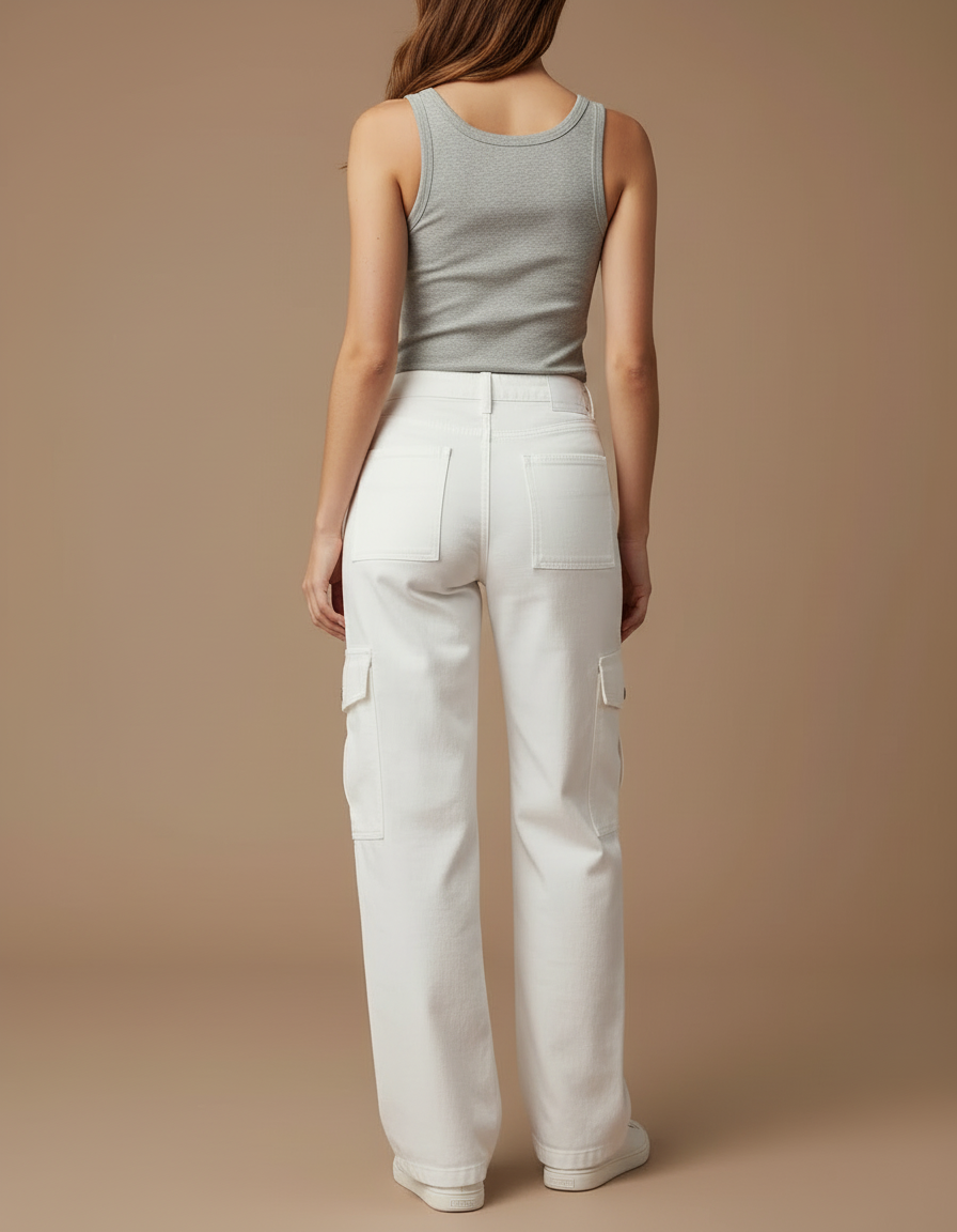 Pantalon Cargo Blanc Ample Multipoches Décontracté Femme - Toile - vue 2