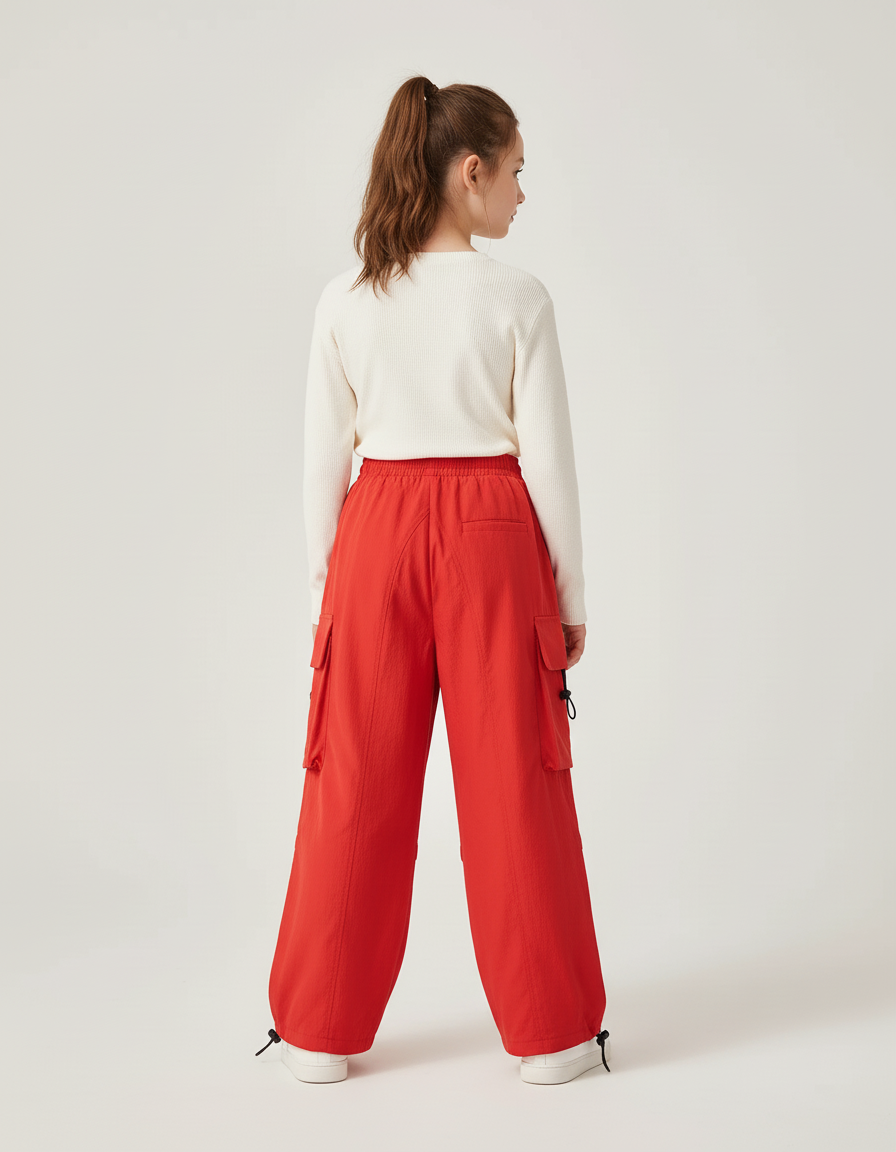 Pantalon Cargo Rouge Amples Multipoches Enfant Streetwear - Polyester - vue 2