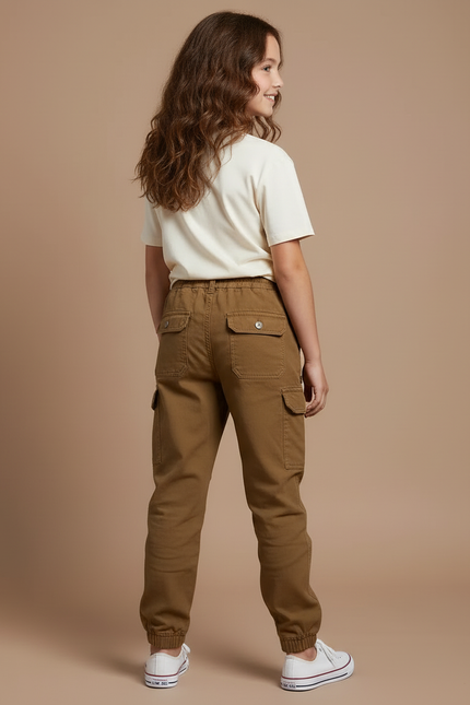 Pantalon Cargo Marron Coton Multipoches Fille Décontracté - Kaki Toile - vue 2
