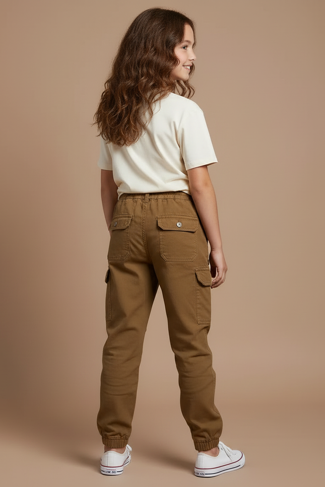Pantalon Cargo Marron Coton Multipoches Fille Décontracté - Kaki Toile - vue 2