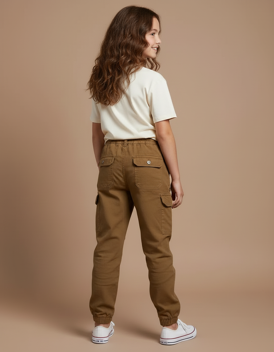Pantalon Cargo Marron Coton Multipoches Fille Décontracté - Kaki Toile - vue 2
