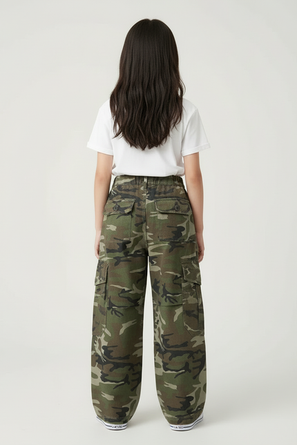 Pantalon Cargo Camouflage Ample Enfant Décontracté - Kaki Toile - vue 2