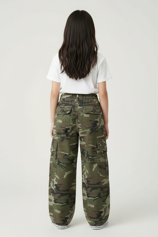 Pantalon Cargo Camouflage Ample Enfant Décontracté - Kaki Toile - vue 2