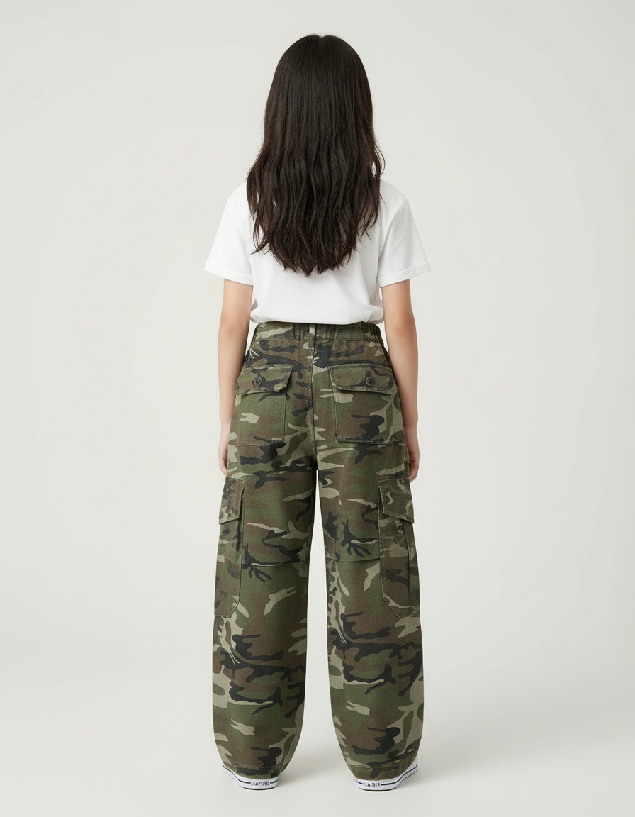 Pantalon Cargo Camouflage Ample Enfant Décontracté - Kaki Toile - vue 2