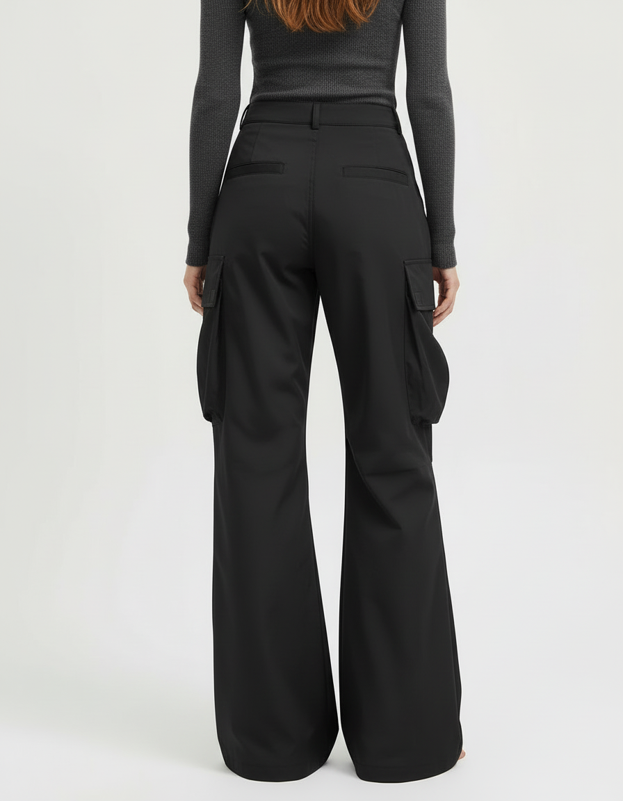 Pantalon Cargo Noir Ample Poches Zippées - Polyester - vue 2
