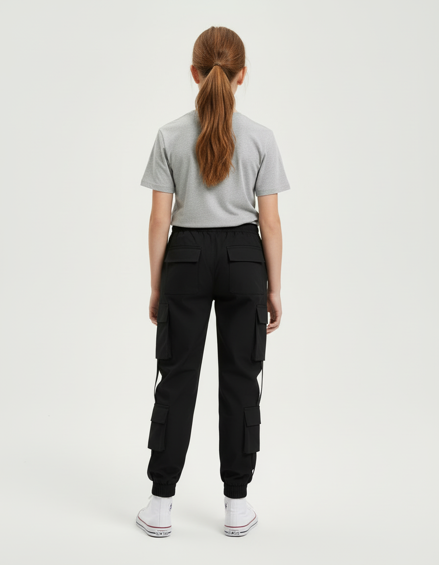 Pantalon Cargo Noir Multipoches Jogger Fille Coton - vue 2