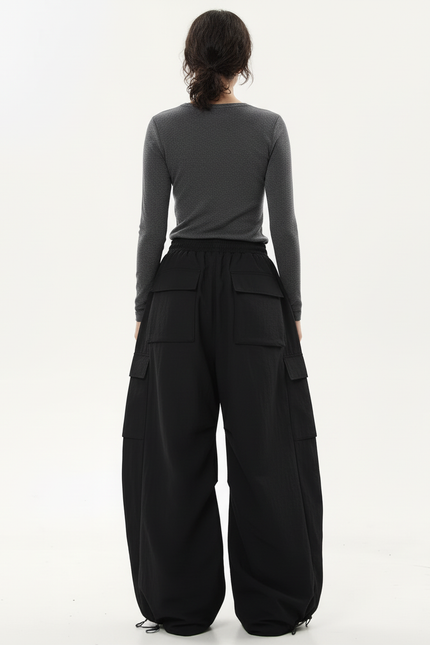 Pantalon Cargo Noir Ample Cordon Streetwear Femme - Polyester - vue 2
