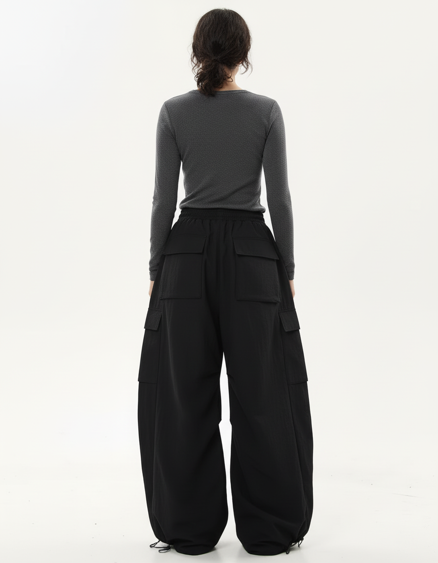 Pantalon Cargo Noir Ample Cordon Streetwear Femme - Polyester - vue 2