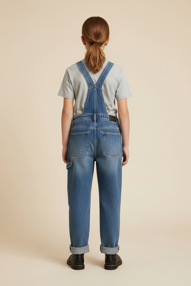 Pantalon Cargo Jean Denim Bretelles Enfant Brodé - Bleu - vue 2