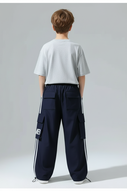 Pantalon Cargo Bleu Marine Ample Bandes Blanches - Polyester - vue 2