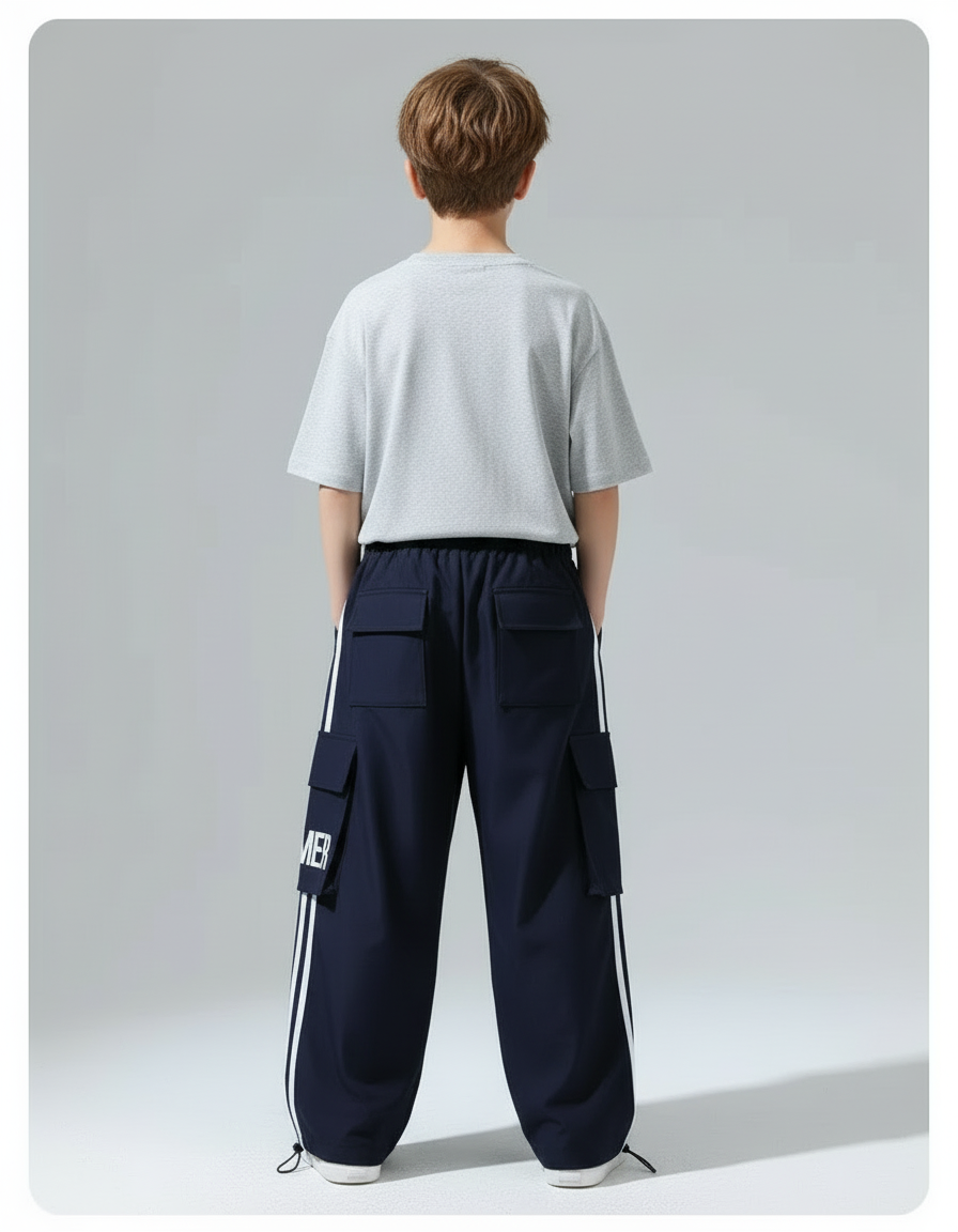 Pantalon Cargo Bleu Marine Ample Bandes Blanches - Polyester - vue 2