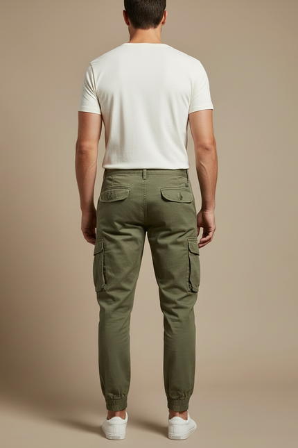 Pantalon Cargo Homme Vert Olive Coton Jogger Multi-Poches - Kaki - vue 2