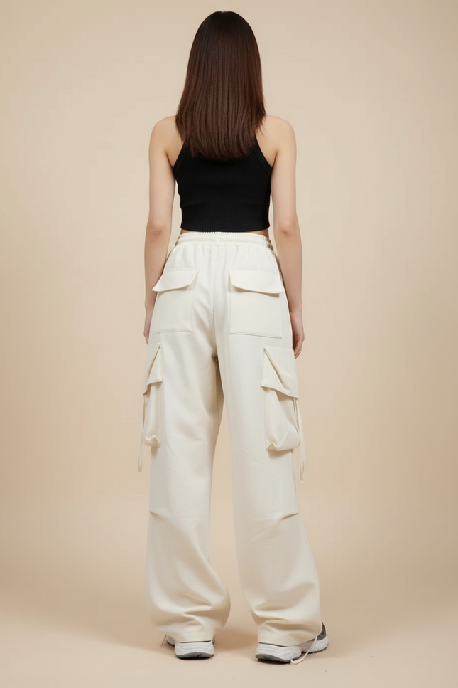 Pantalon Cargo Écru Ample Taille Haute Femme - Beige Toile - vue 2