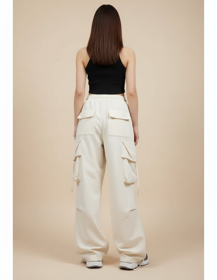 Pantalon Cargo Écru Ample Taille Haute Femme - Beige Toile - vue 2
