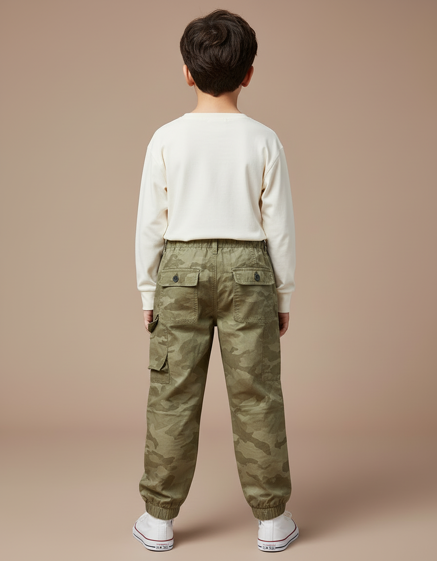 Pantalon Cargo Camouflage Vert Ample Garçon Décontracté - Kaki Toile - vue 2
