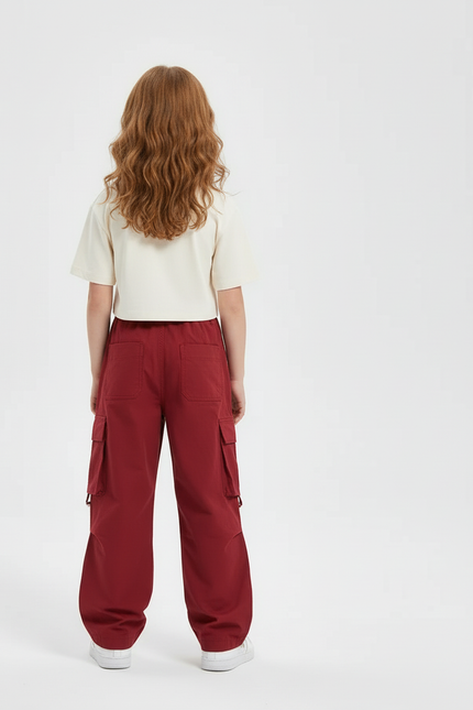 Pantalon Cargo Rouge Ample Multipoches Enfant - Bordeaux Toile - vue 2