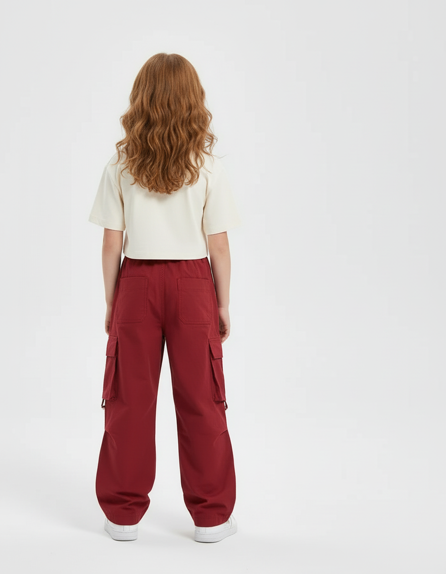 Pantalon Cargo Rouge Ample Multipoches Enfant - Bordeaux Toile - vue 2