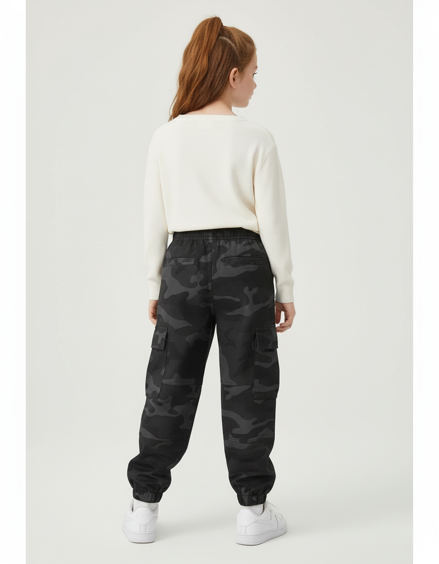 Pantalon Cargo Camouflage Noir Ample Coton Enfant - vue 2