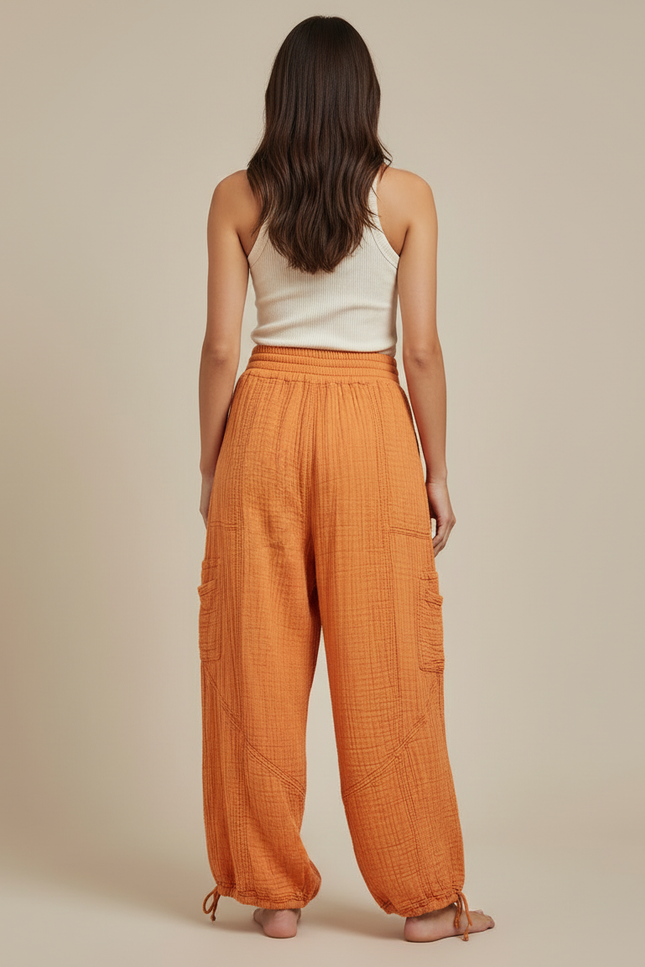 Pantalon Cargo Orange Ample Coton Plissé Décontracté - vue 2