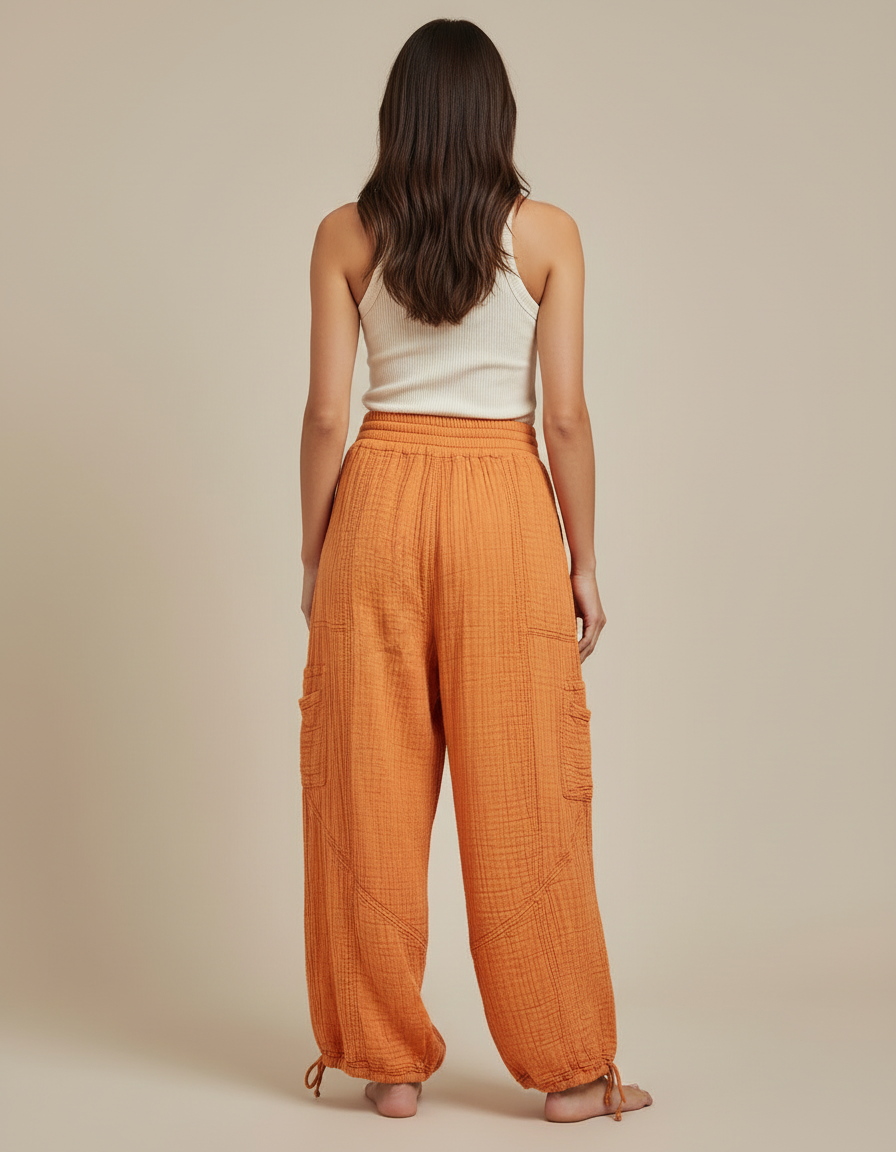 Pantalon Cargo Orange Ample Coton Plissé Décontracté - vue 2