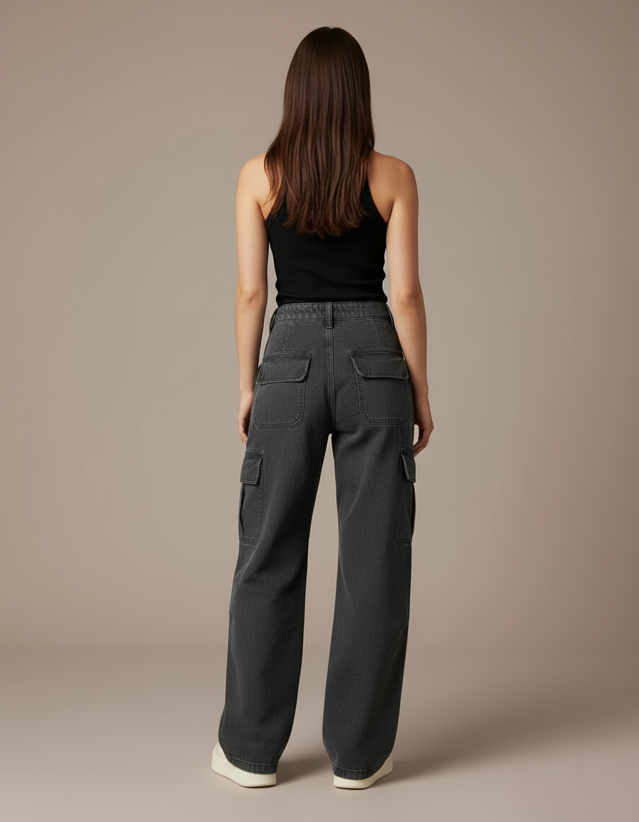 Pantalon Cargo Gris Femme Ample Multipoches Décontracté - Jean - vue 2