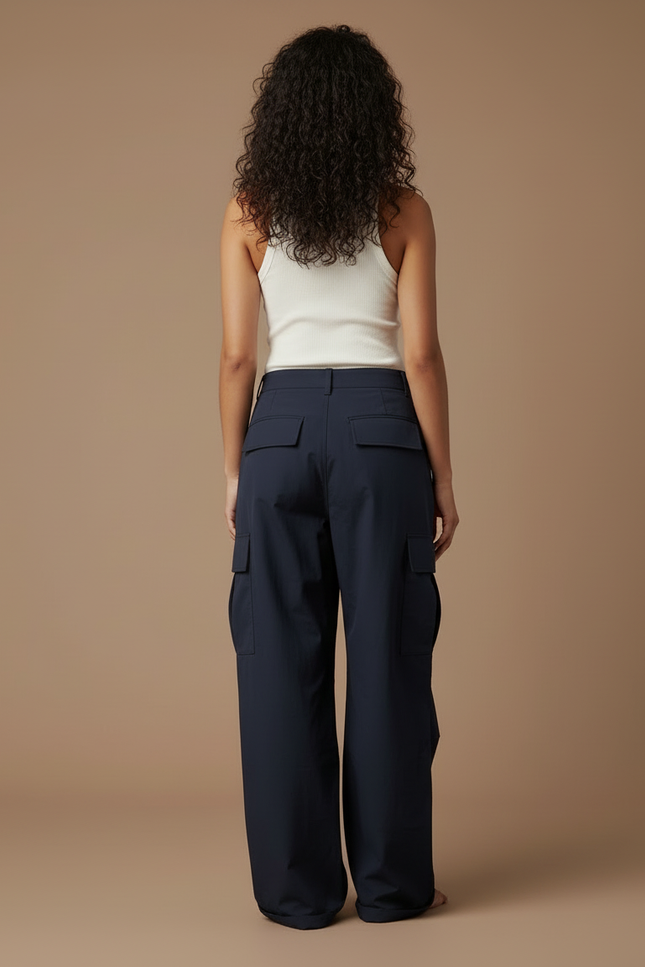 Pantalon Cargo Bleu Marine Ample Taille Haute Décontracté - Polyester - vue 2