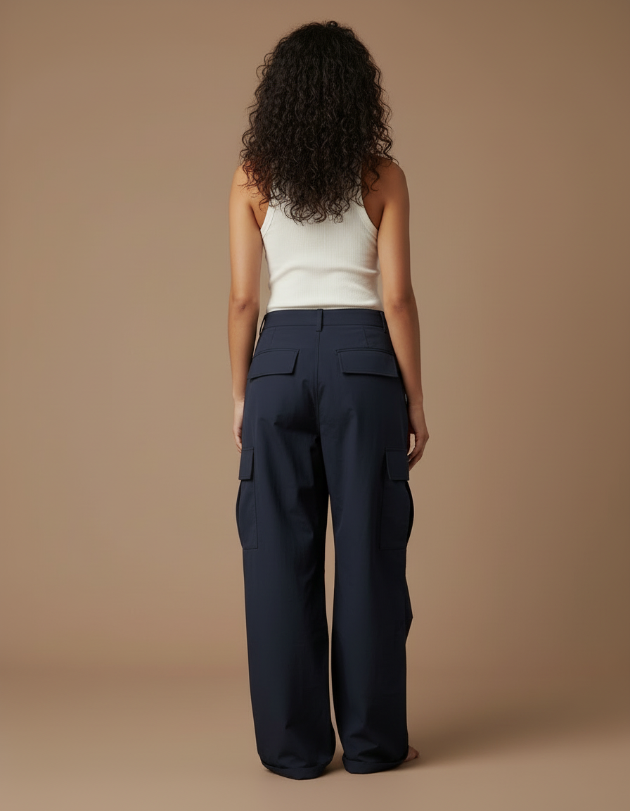Pantalon Cargo Bleu Marine Ample Taille Haute Décontracté - Polyester - vue 2