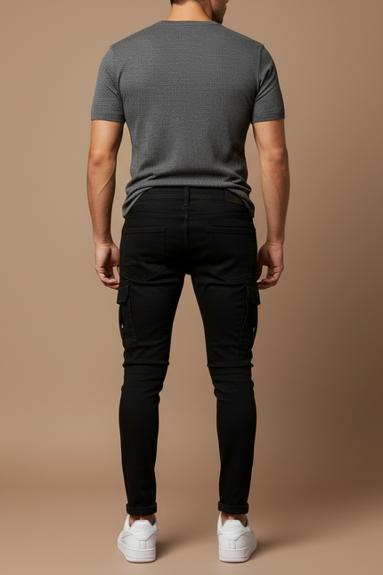 Pantalon Cargo Noir Skinny Délavé Multipoches Homme - Jean - vue 2