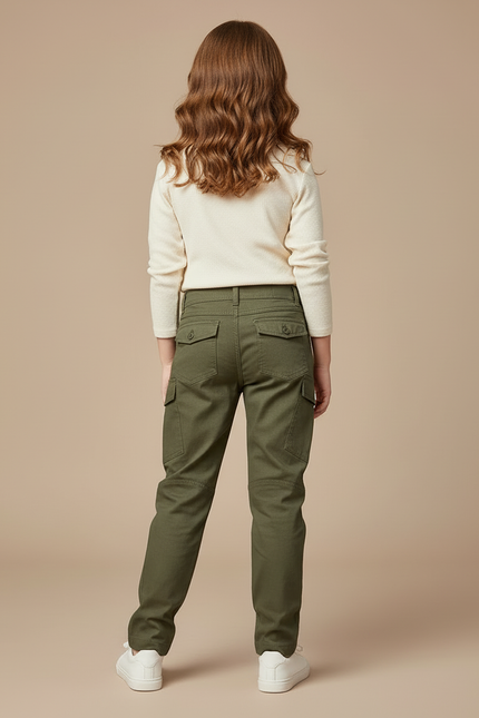 Pantalon Cargo Vert Fille Coupe Droite Coton Multipoches - Kaki - vue 2