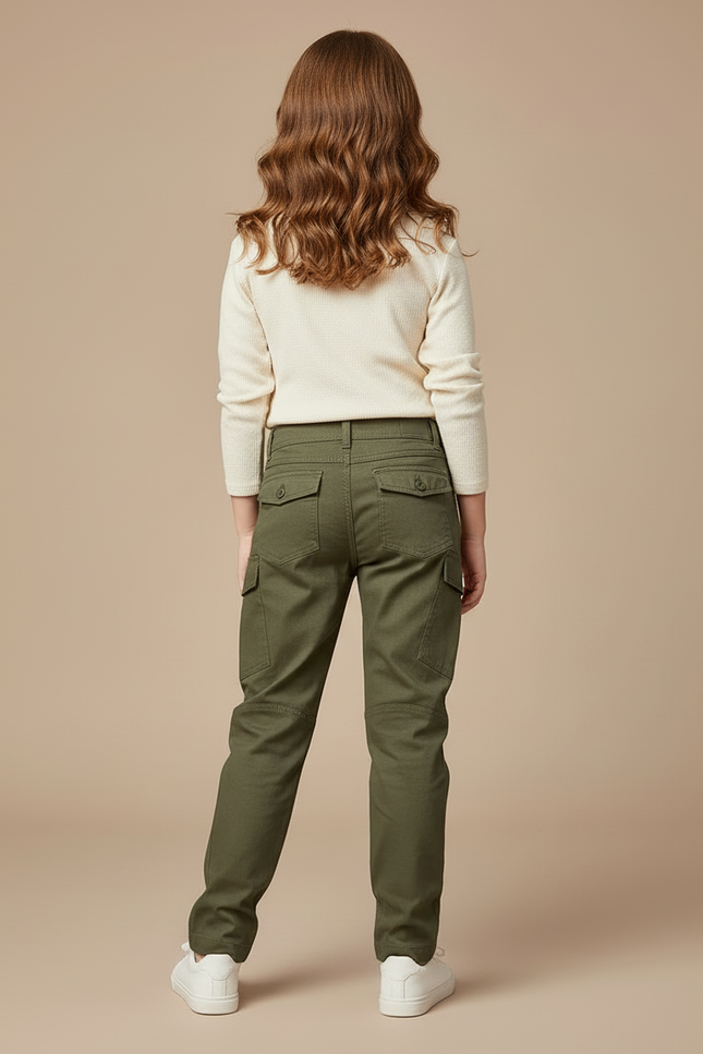 Pantalon Cargo Vert Fille Coupe Droite Coton Multipoches - Kaki - vue 2