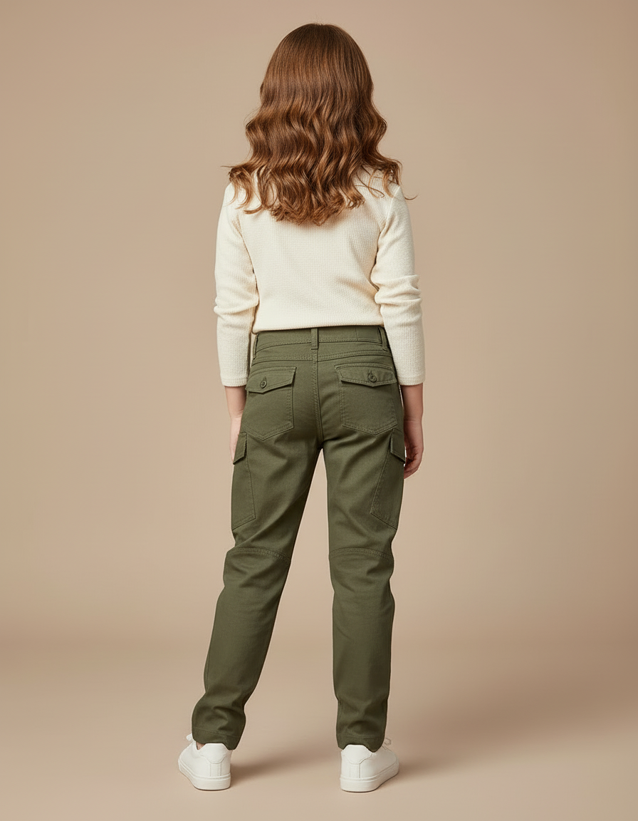 Pantalon Cargo Vert Fille Coupe Droite Coton Multipoches - Kaki - vue 2