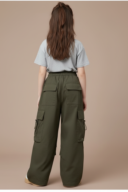 Pantalon Cargo Vert Ample Taille Haute Fille - Kaki Toile - vue 2