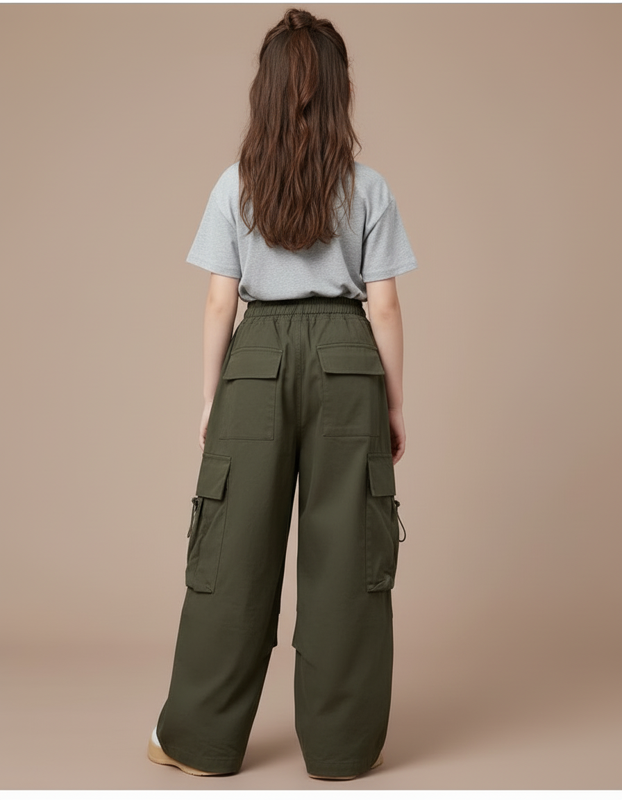 Pantalon Cargo Vert Ample Taille Haute Fille - Kaki Toile - vue 2