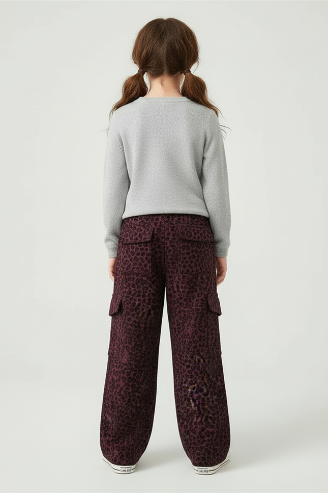 Pantalon Cargo Léopard Bordeaux Ample Poches Cordon Fille - Molleton - vue 2