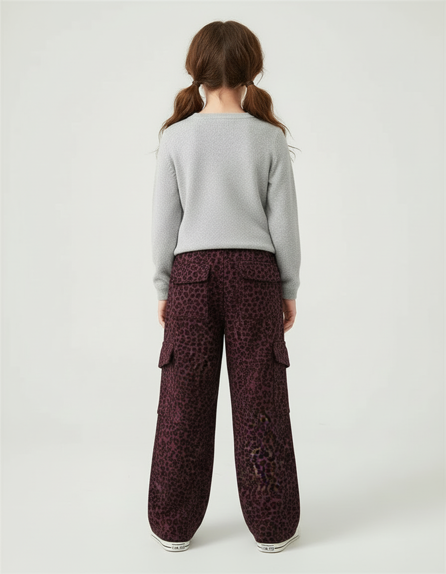 Pantalon Cargo Léopard Bordeaux Ample Poches Cordon Fille - Molleton - vue 2