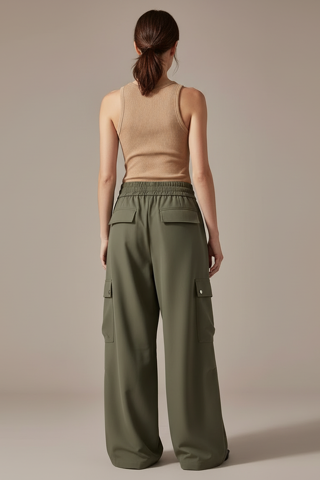 Pantalon Cargo Vert Kaki Ample Fluide Femme - Polyester - vue 2
