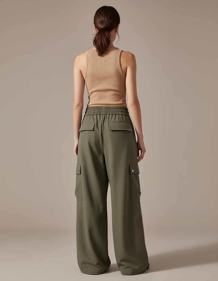 Pantalon Cargo Vert Kaki Ample Fluide Femme - Polyester - vue 2
