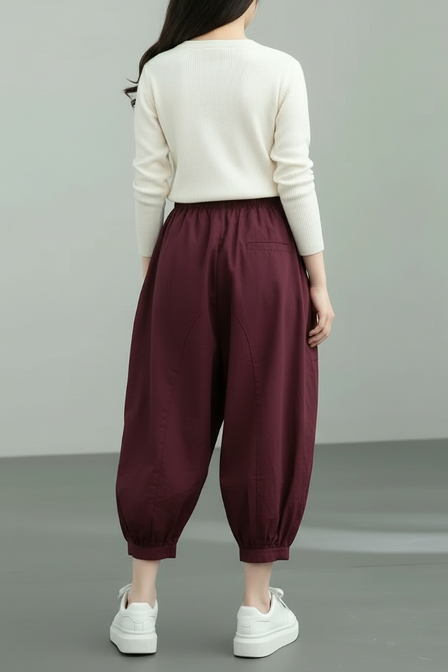 Pantalon Cargo Ample Bordeaux Coton Lin Décontracté Femme - vue 2