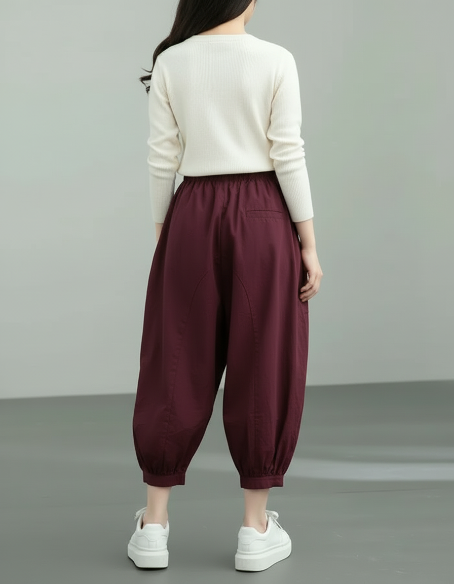 Pantalon Cargo Ample Bordeaux Coton Lin Décontracté Femme - vue 2