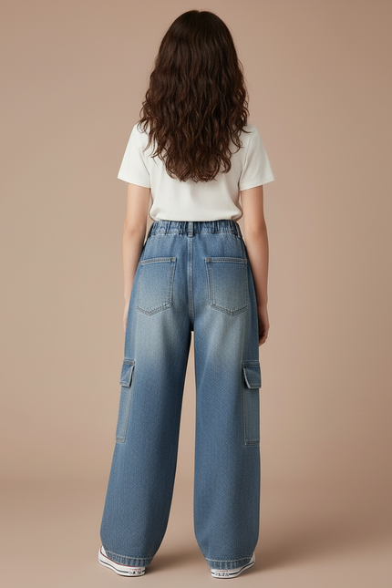 Pantalon Cargo Denim Bleu Ample Élastique Fille - Jean - vue 2