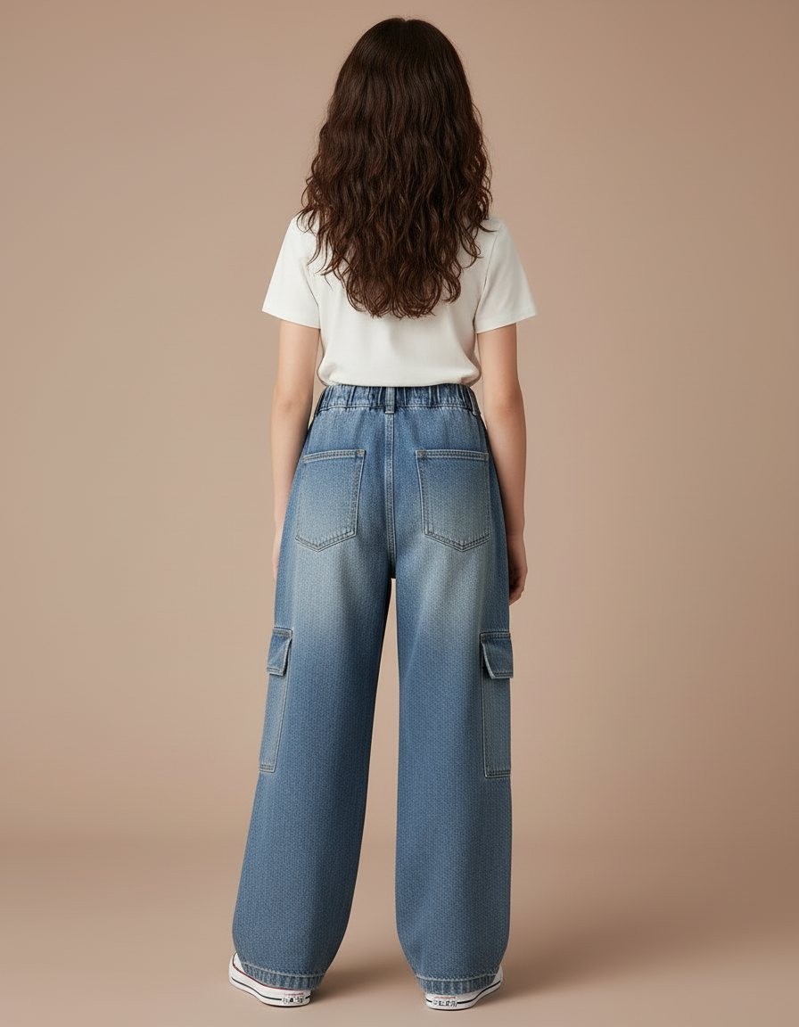 Pantalon Cargo Denim Bleu Ample Élastique Fille - Jean - vue 2