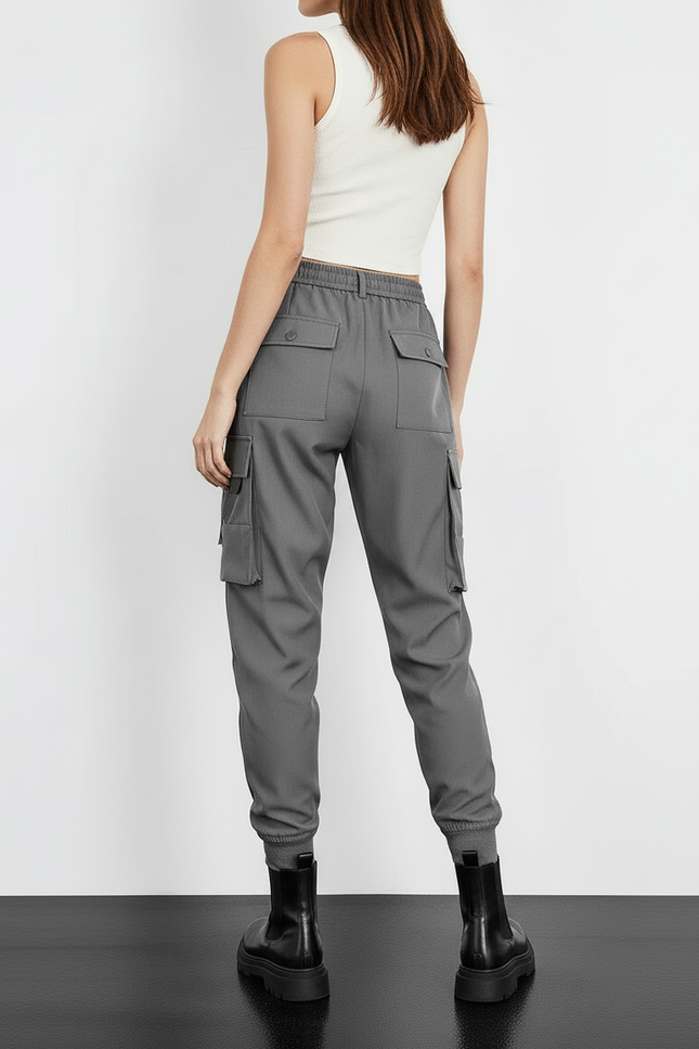 Pantalon Cargo Gris Femme Multipoches Cordon Décontracté - Polyester - vue 2
