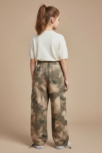 Pantalon Cargo Camouflage Ample Fille Multipoches - Kaki Toile - vue 2