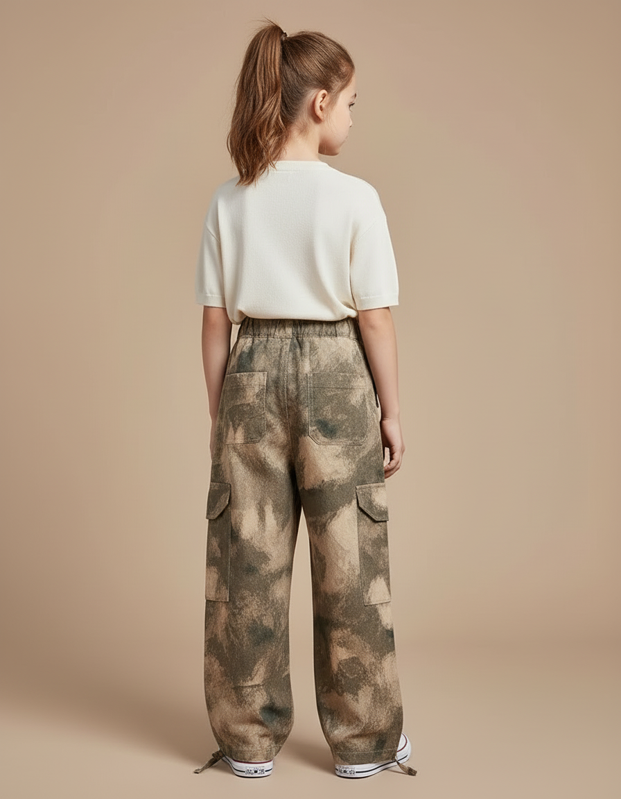 Pantalon Cargo Camouflage Ample Fille Multipoches - Kaki Toile - vue 2