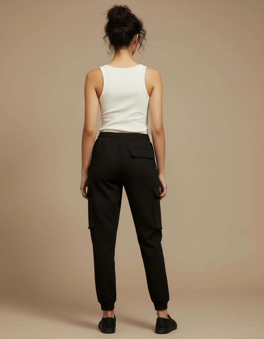 Pantalon Cargo Noir Ample Bandes Streetwear Femme - Molleton - vue 2